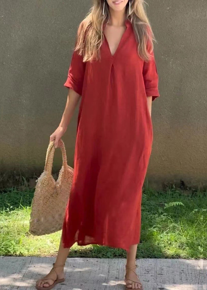 Half Holiday Neck Linen Open Side Loose Red Dress V Sleeve