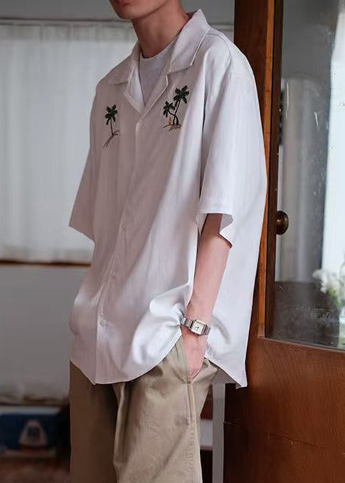 Button Summer Embroideried Shirts Cotton Loose White Men's