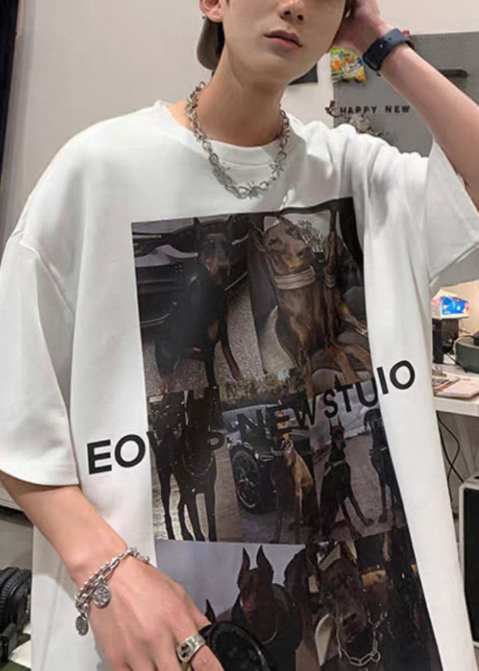 Print T Cozy Loose Cotton Shirts White Mens Summer