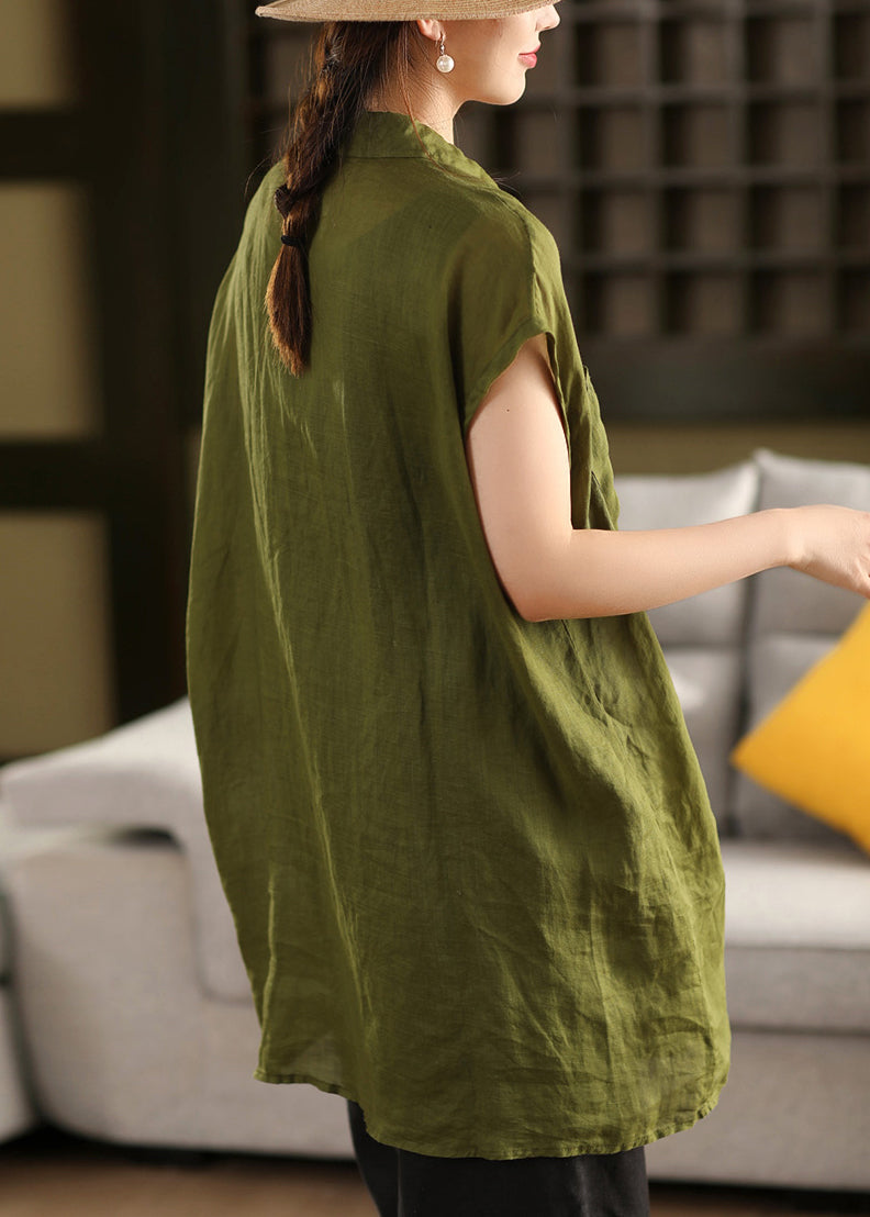 Button Pan Collar Peter Summer Pockets Loose Shirt Yellow Cotton