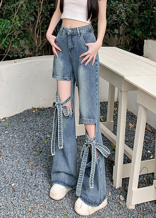 Spring Denim Hollow Pants Modern Blue Lace Out Up