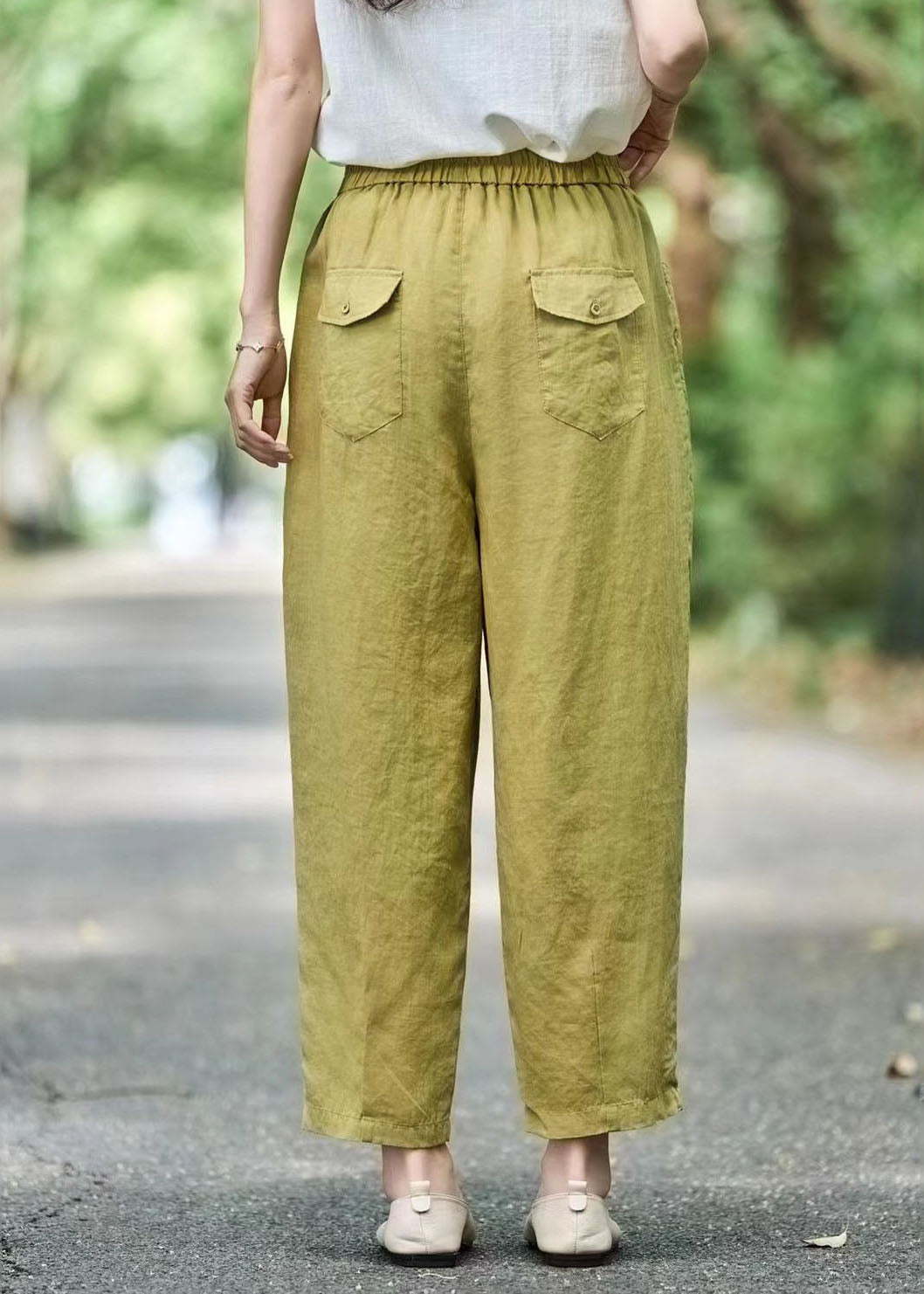 Modern Pants Linen Oversized Green Grass Elastic Waist Harem