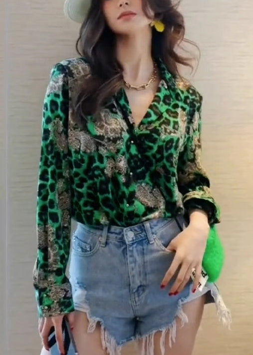 Modern Green Leopard Chiffon Top Fall Blouse Print