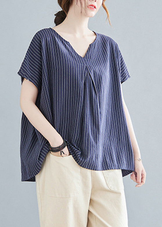 Top Striped Blue Short Sleeve V Navy Modern Neck