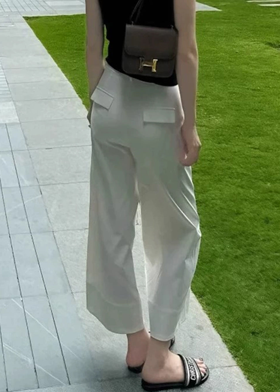 Modern High Crop Summer White Pants Waist Pockets Cotton