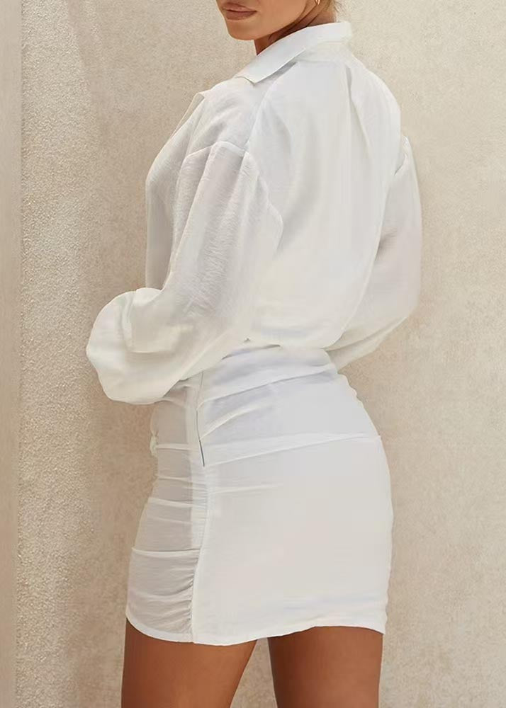 White V Cotton Patchwork Shirt Modern Dress Mini Summer Neck