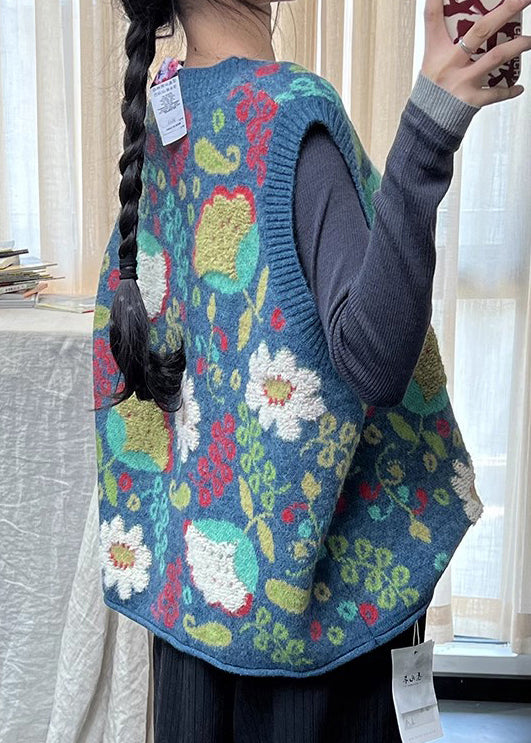 Natural Blue O Neck Print Cotton Knit Vest Sleeveless TI038