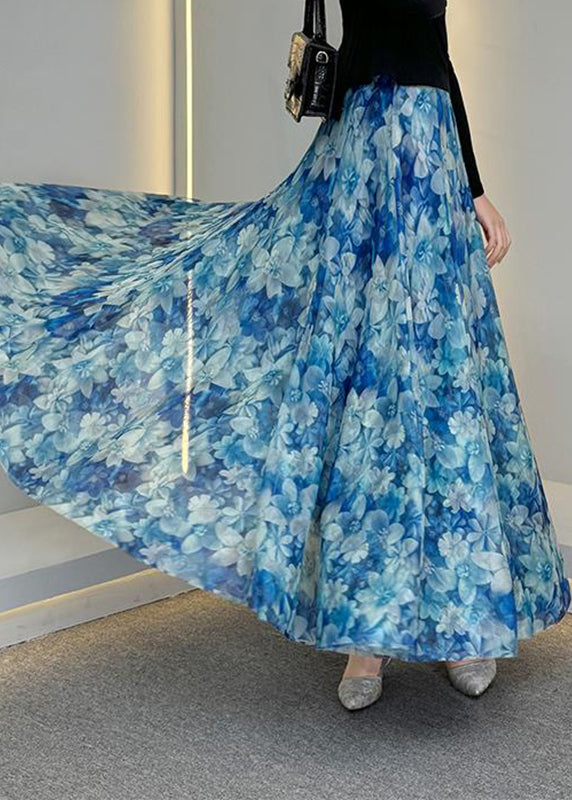Natural Waist Blue Tulle Print Elastic Skirts Summer A Line