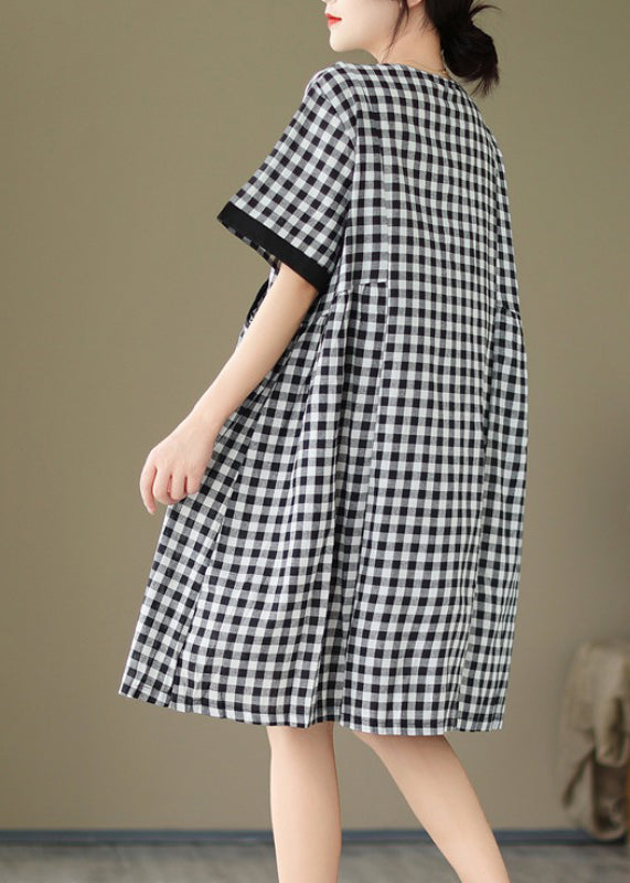 Natural O Neck Big Plaid Pockets Loose Cotton Dress Summer AP076