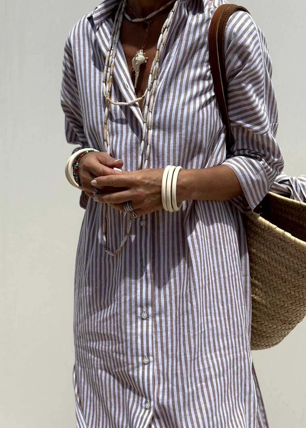 Button Natural Striped Maxi Pink Open Collar Side Peter Pan