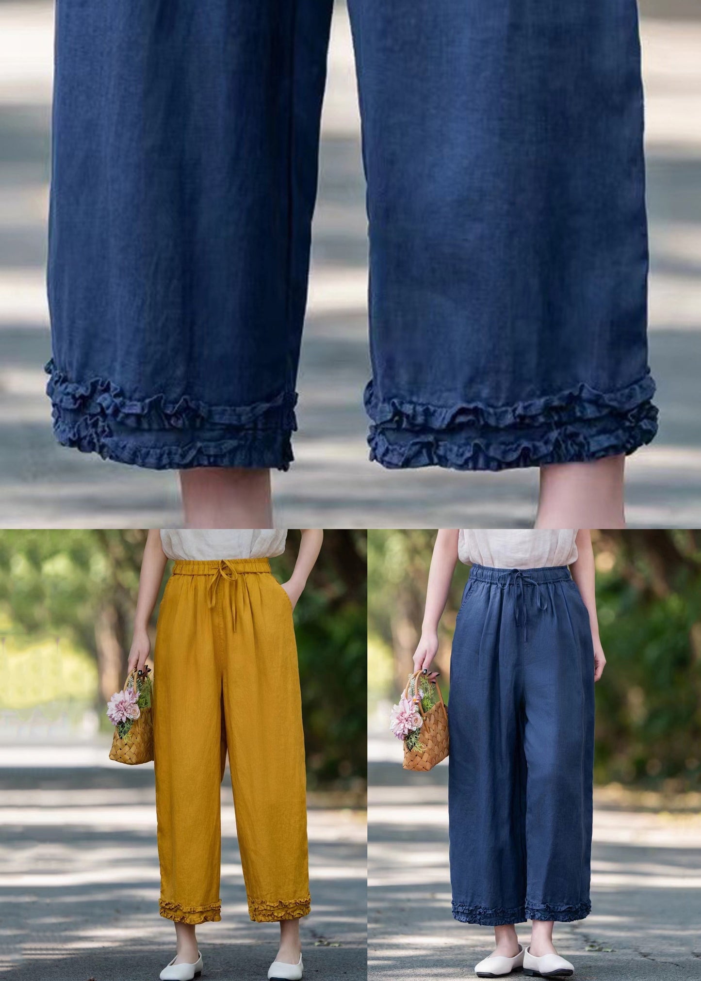 Elastic Linen Ruffled Pockets Waist Navy Crop Summer Pants