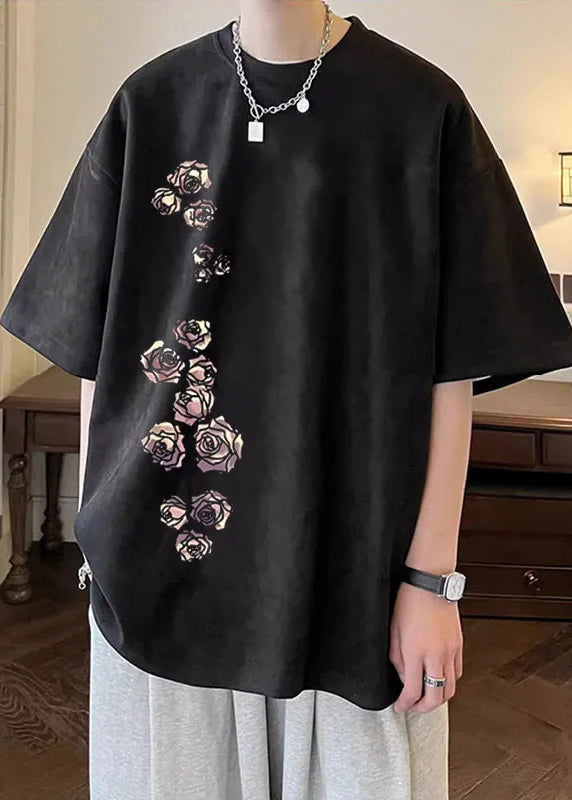 T Apricot Suede Shirt Faux Half Sleeve O Neck Mens Cozy Print New