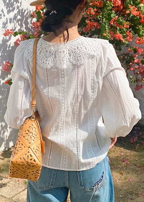 New Blouses Embroidered Spring Out Hollow Cotton Beige
