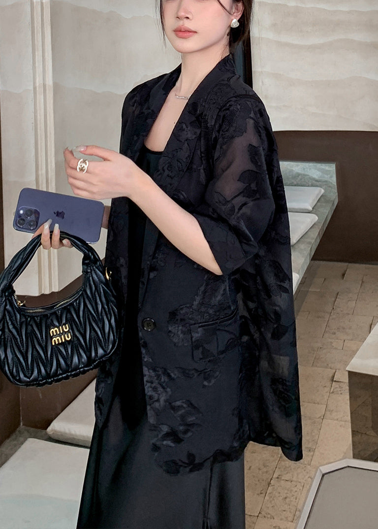 New Silk Black Bracelet Coat Notched Pockets Sleeve Button