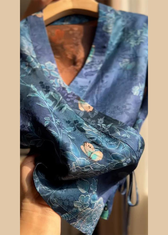 V Shirt Blue Lace Up Summer Silk Neck Print New