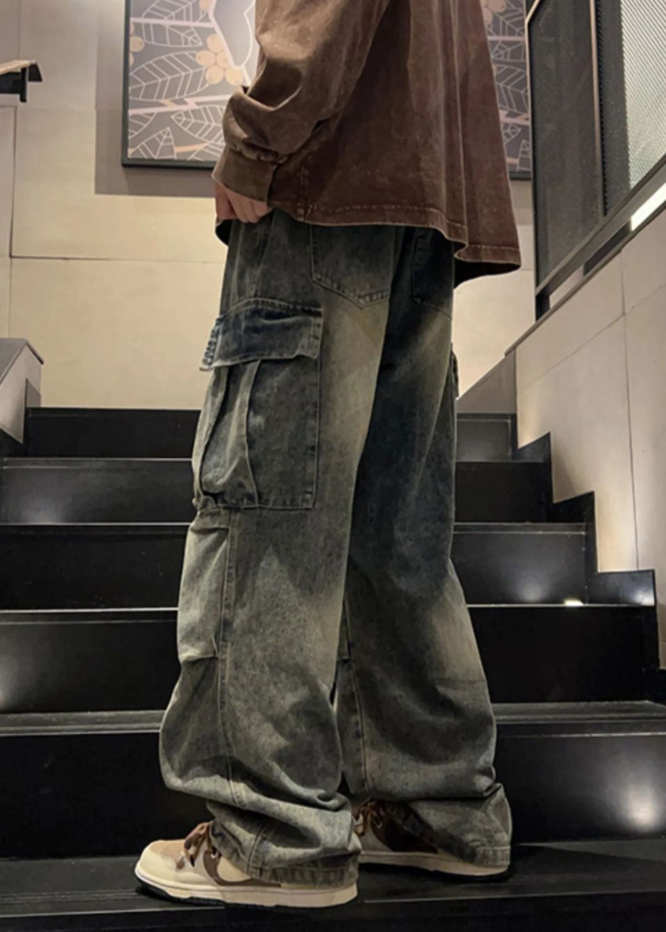 Elastic Waist Spring Blue Pockets New Pants Wrinkled Mens Denim