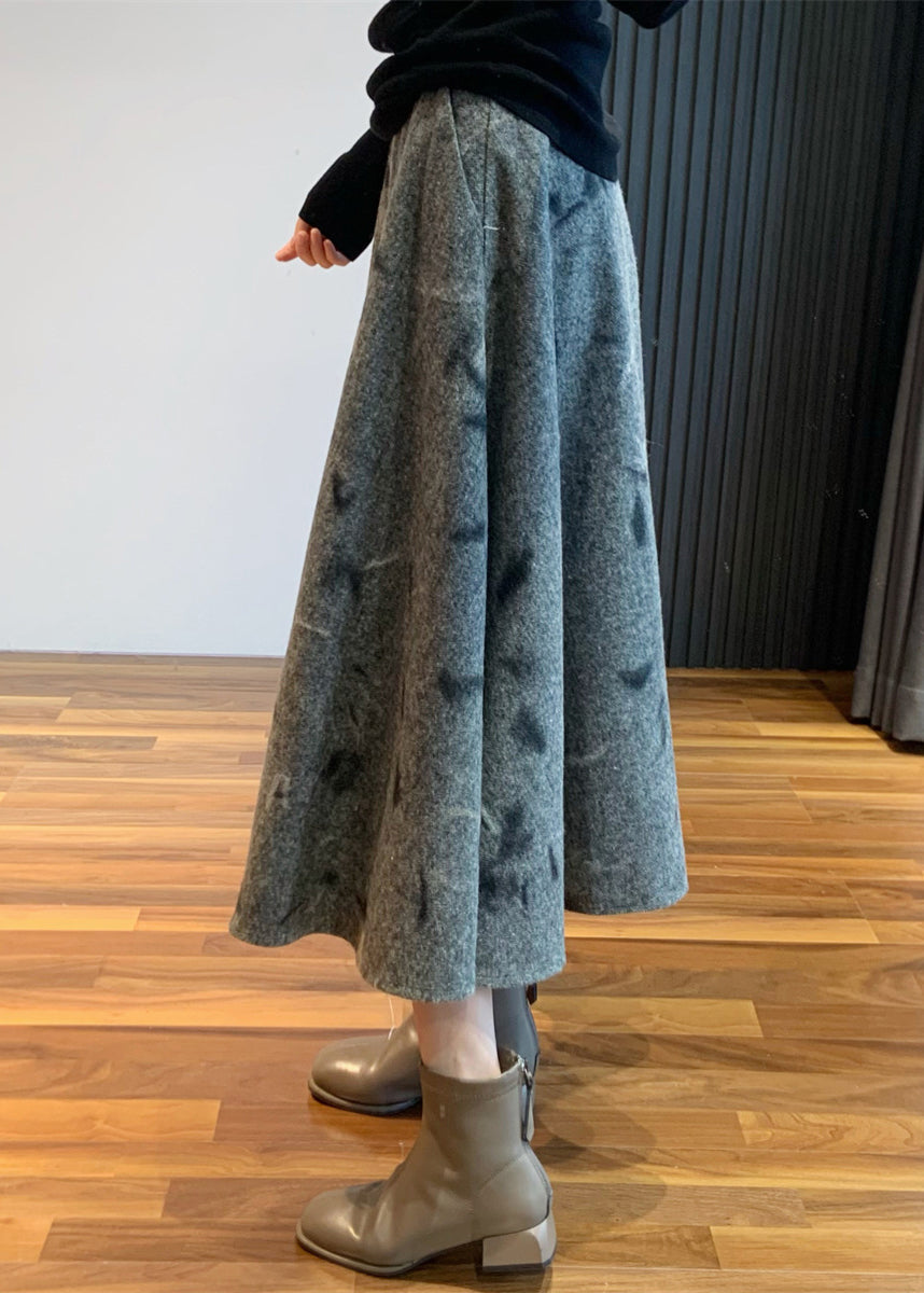 Grey Skirt Embroidered High Waist Woolen New Spring