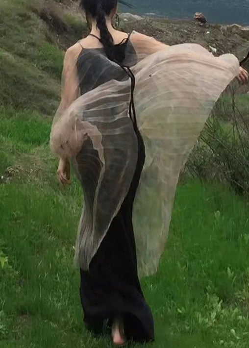 New Khaki Wrinkled Lace Up Tulle Two Pieces Set Long Sleeve XX088