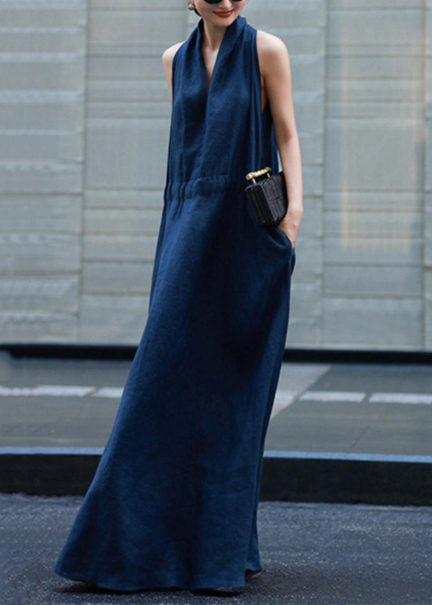 Solid Blue Tie Waist Robe Light Linen Pockets Dresses New