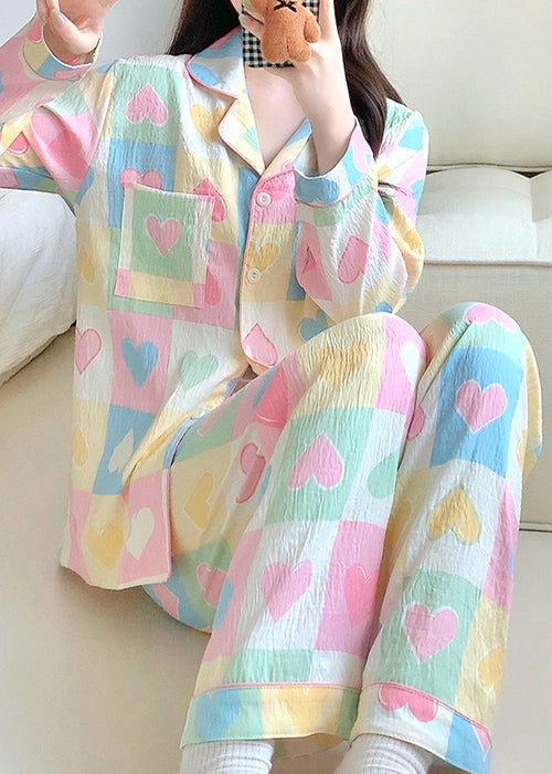 Set Plaid Pockets Fall Cotton Heart New Two Loving Pajamas Piece