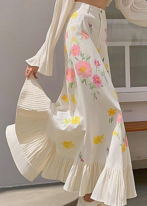 New Pink Print Waist Spring Skirts Cotton High Wrinkled