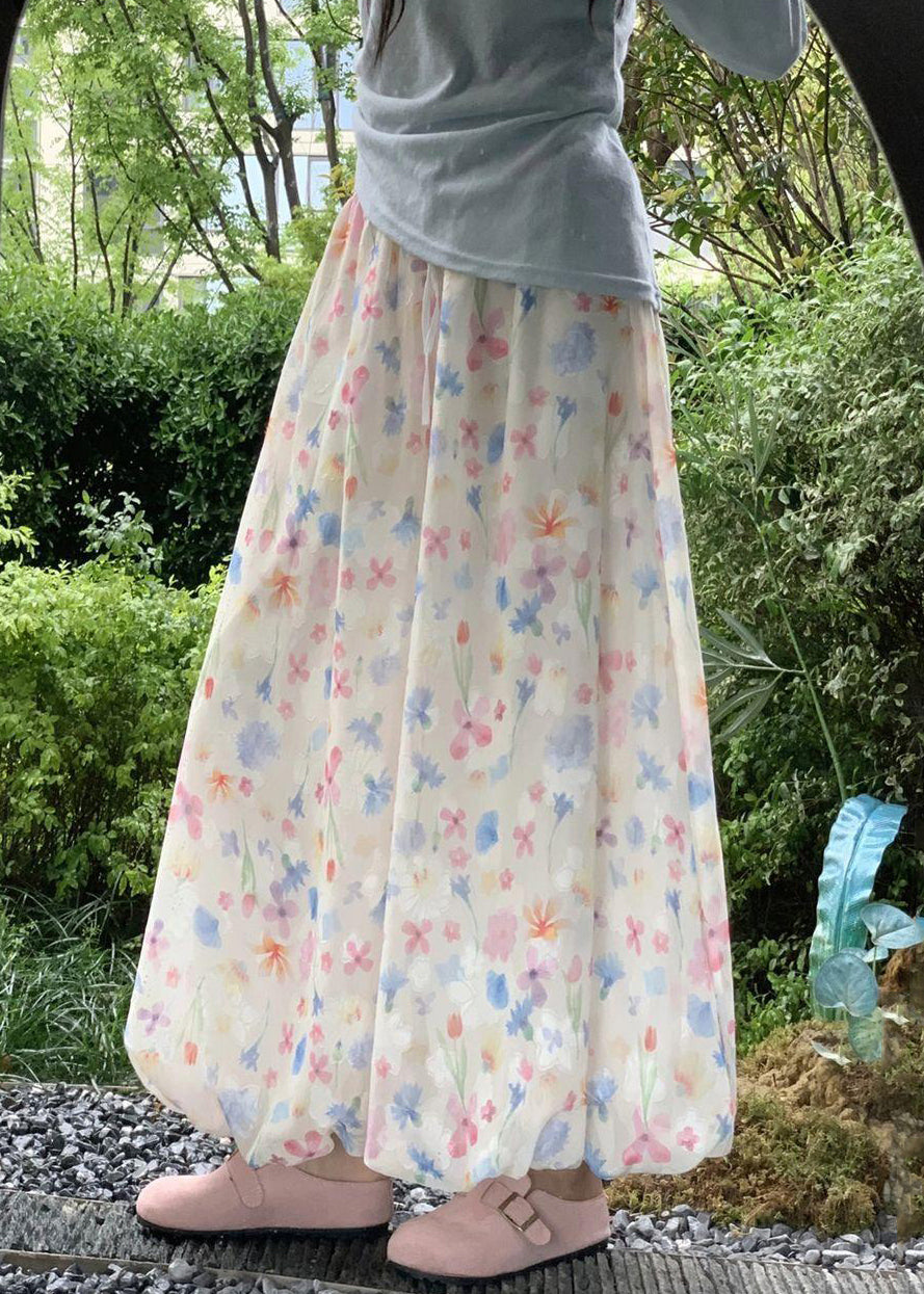 Summer Cotton Wide Leg Print New Waist Pants Elastic