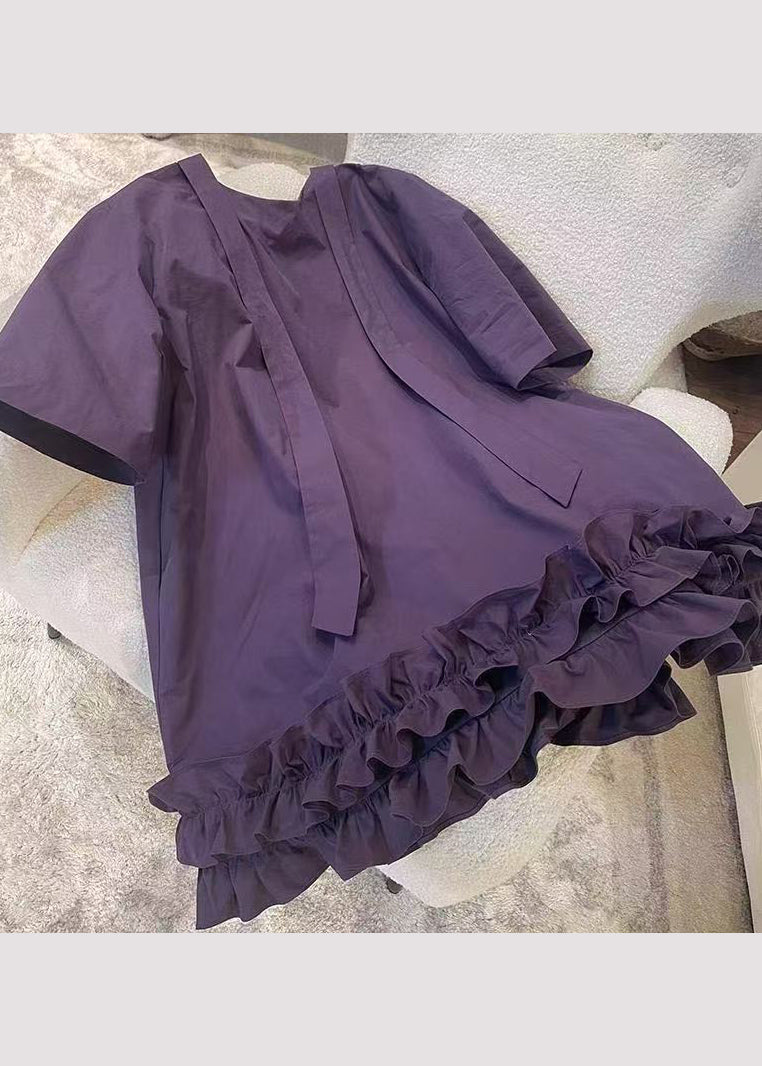 Neck Summer Ruffled Cotton Dresses O New Mid Patchwork Purple