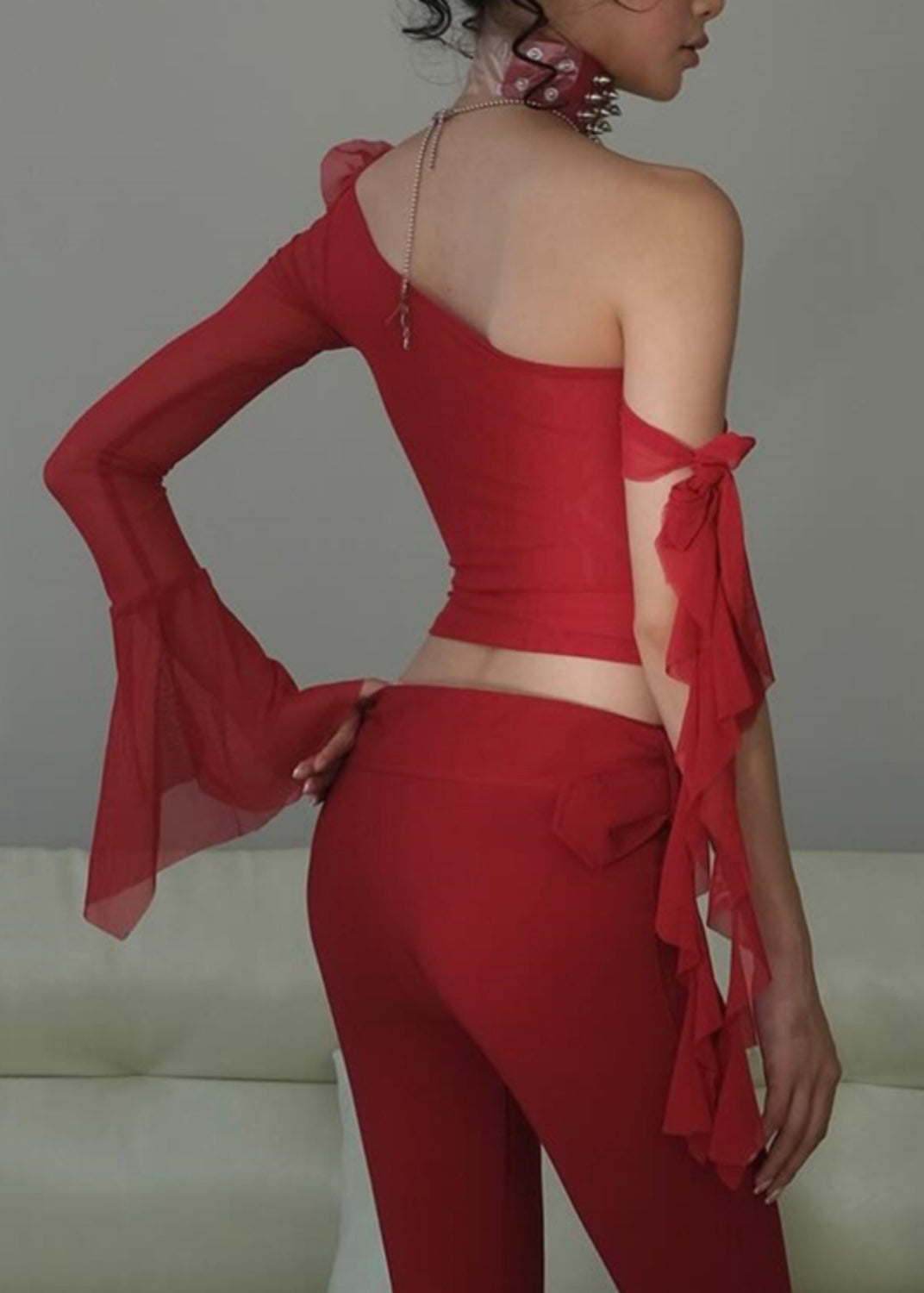 New Red Asymmetrical Solid Cotton T Shirt Long Sleeve EE1057