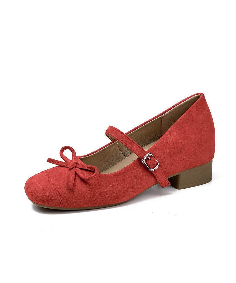 Suede Shoes Red Chunky Splicing New Buckle Bow Strap