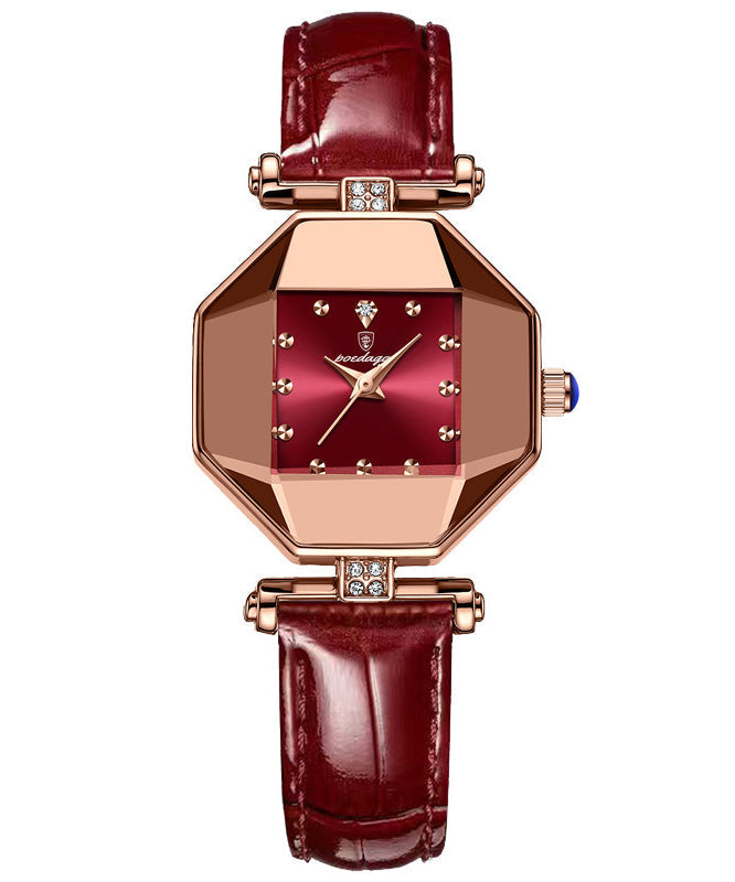 Movement Red Leather Tempere Glass New Waterproof Mineral Quartz