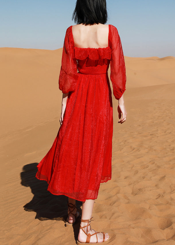 Puff Cotton New Square Red Collar Open Side Sleeve Beach Dress