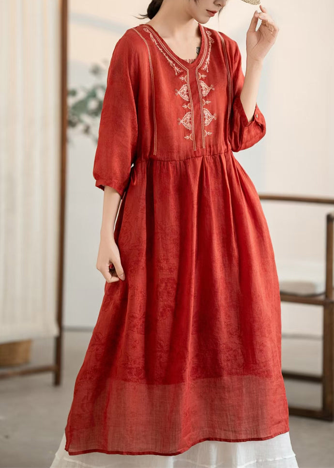 Summer Red Dress New Neck Linen Embroidered Wrinkled V