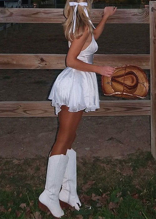 White New Dresses Up Lace Backless Solid Sleeveless Cotton Mini