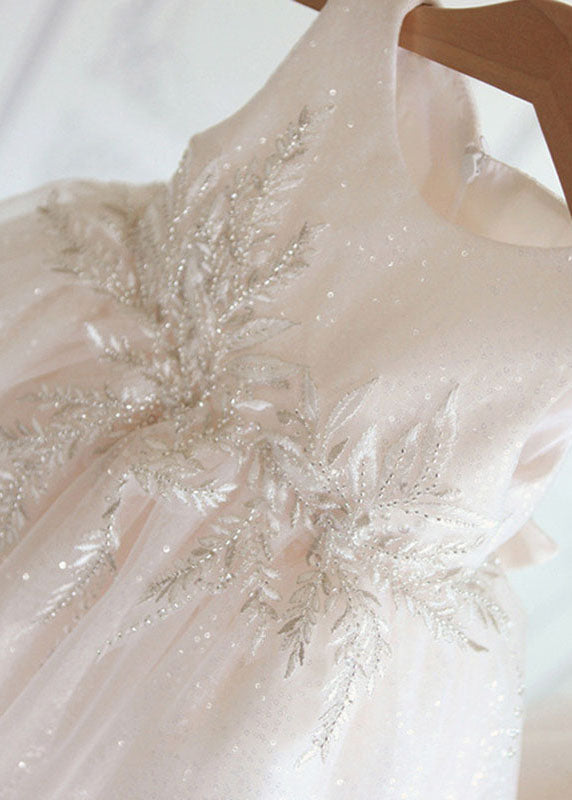 New White O-Neck Patchwork Tulle Kids Holiday Maxi Dress Summer YS017