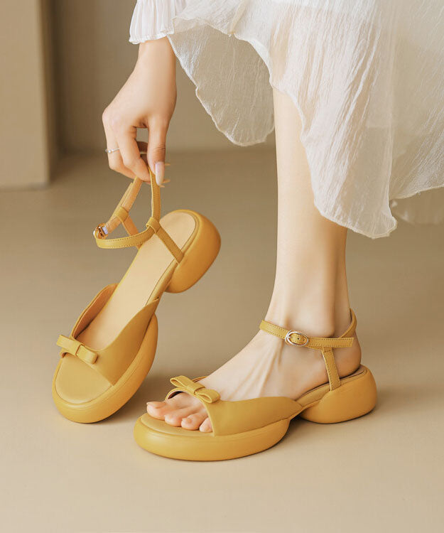 Cowhide Platform Peep Leather Toe New Sandals Yellow Bow Splicing