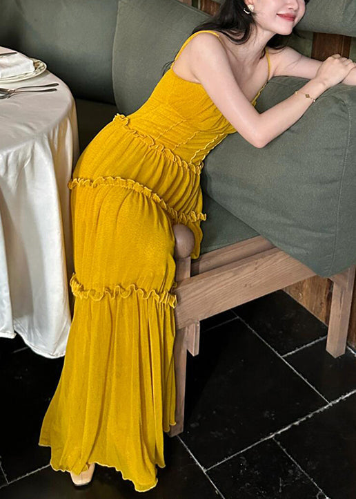 Sleeveless Strap New Cotton Ruffled Dress Yellow Solid Spaghetti