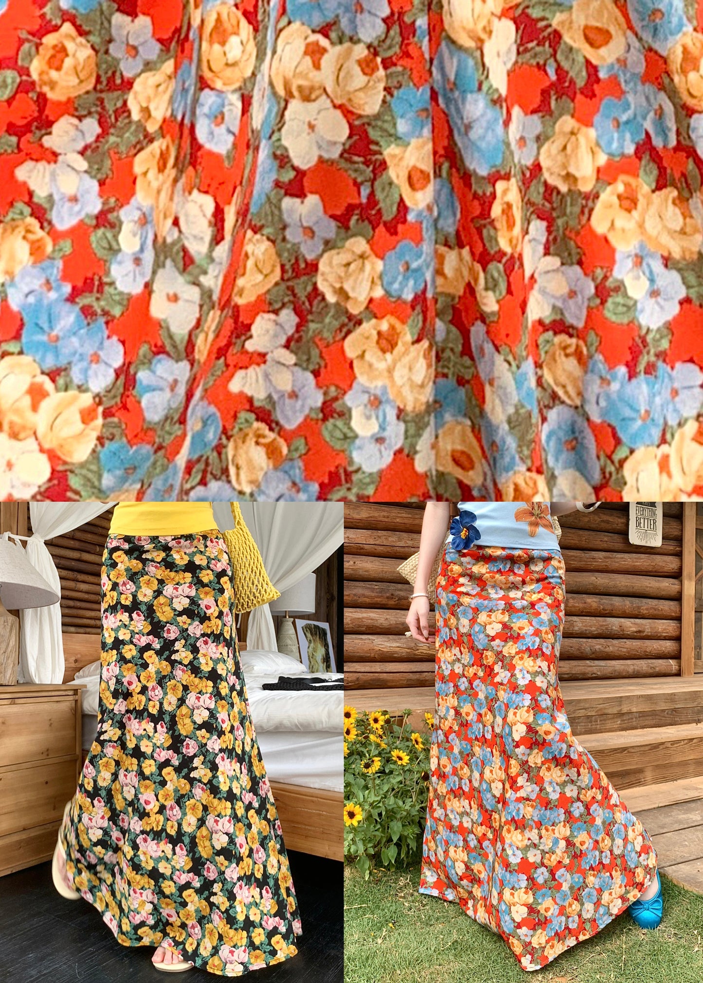 High Novelty Summer Print Skirts Orange Cotton Waist