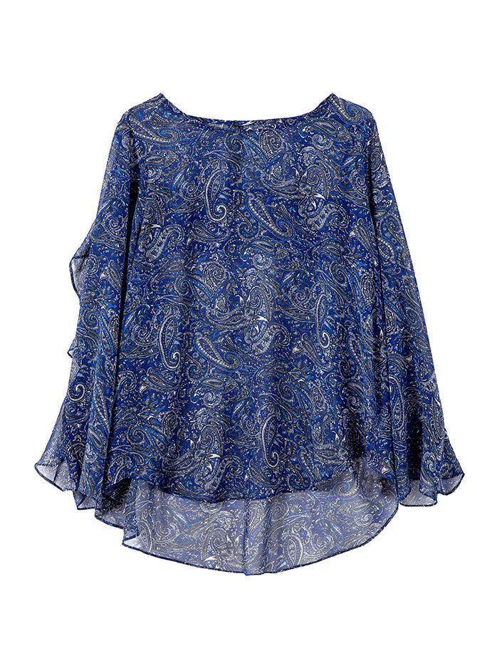 Summer Ruffled Patchwork Organic Blue Blouses Chiffon Print