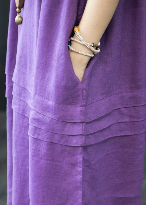 Oversized Organic Linen Summer Wrinkled Purple Dresses