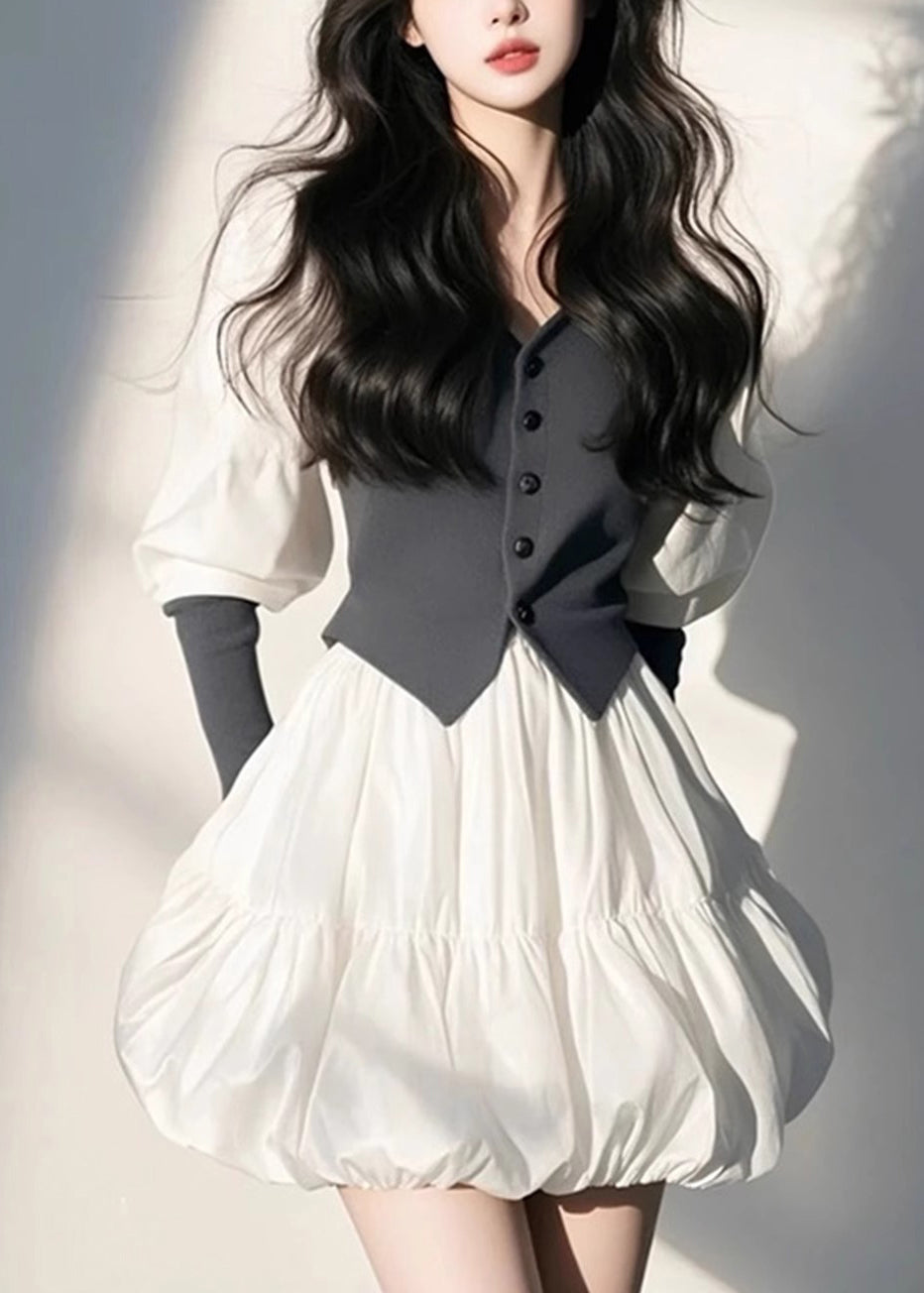 Sleeve Puff Organic White Mid Button V Dress Neck