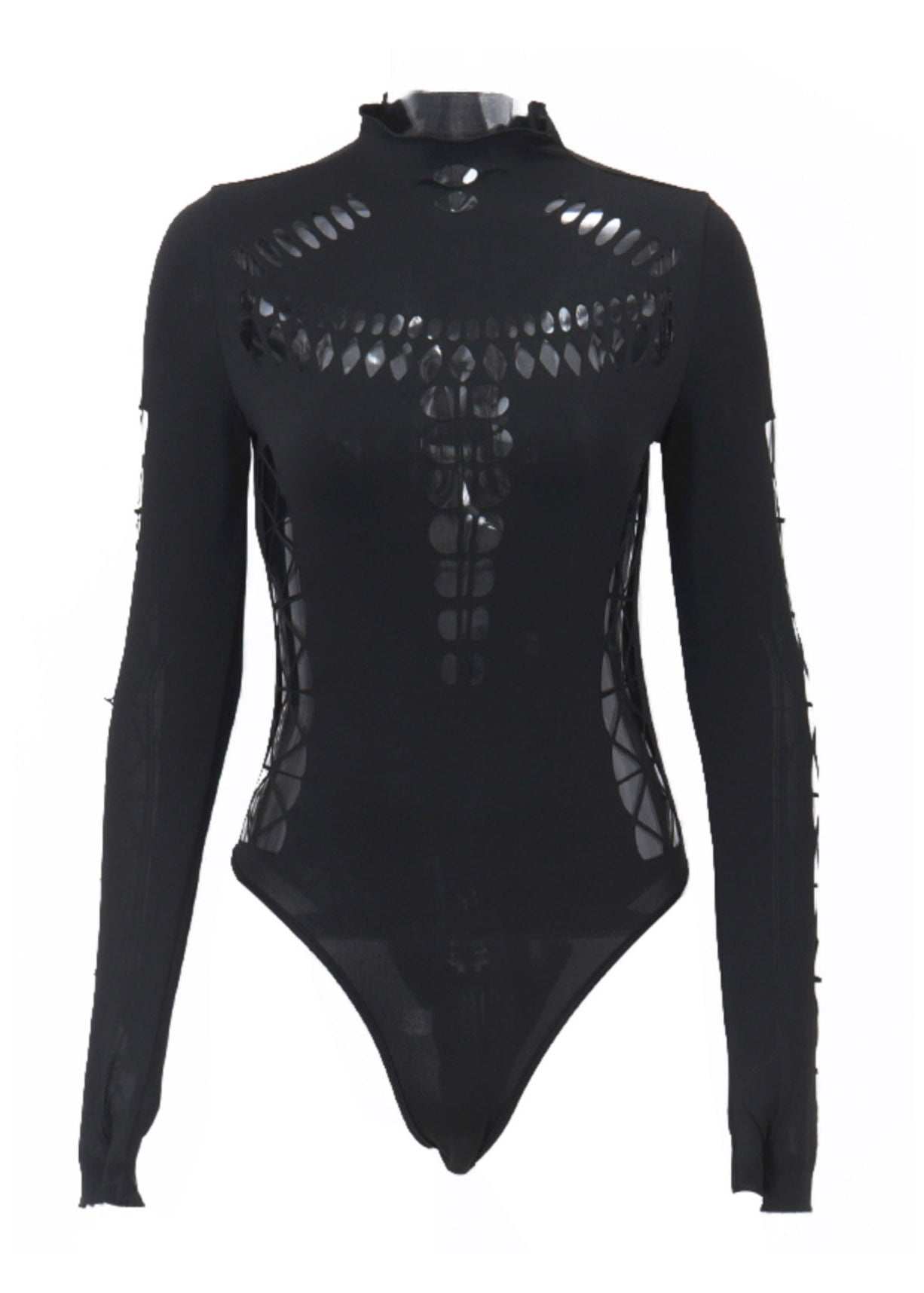 Black Original Turtleneck Tulle Hollow Out Bodysuit Design