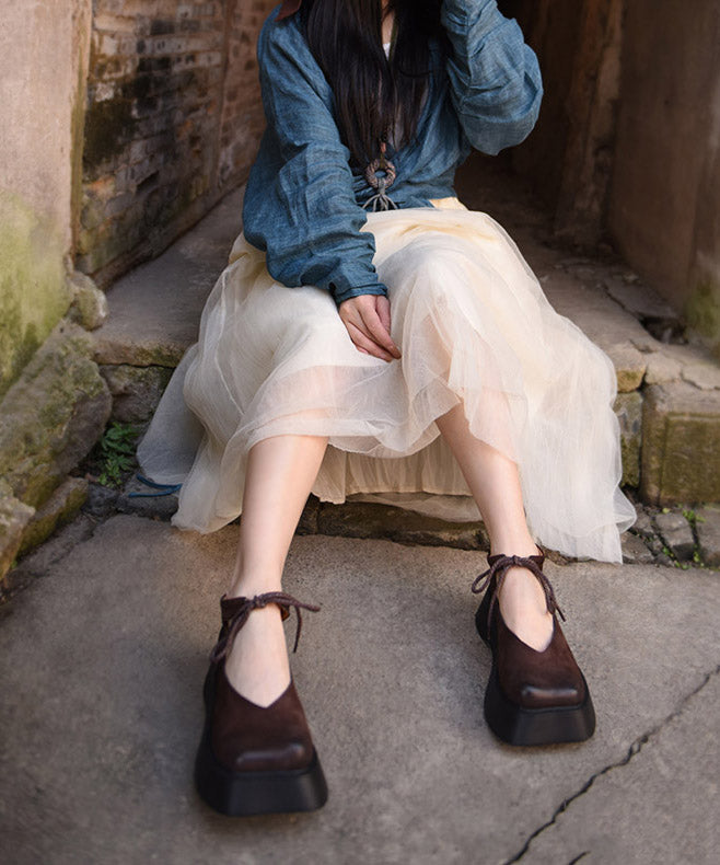 Design Original Platform Coffee Leather Cowhide Lace Shoes Up