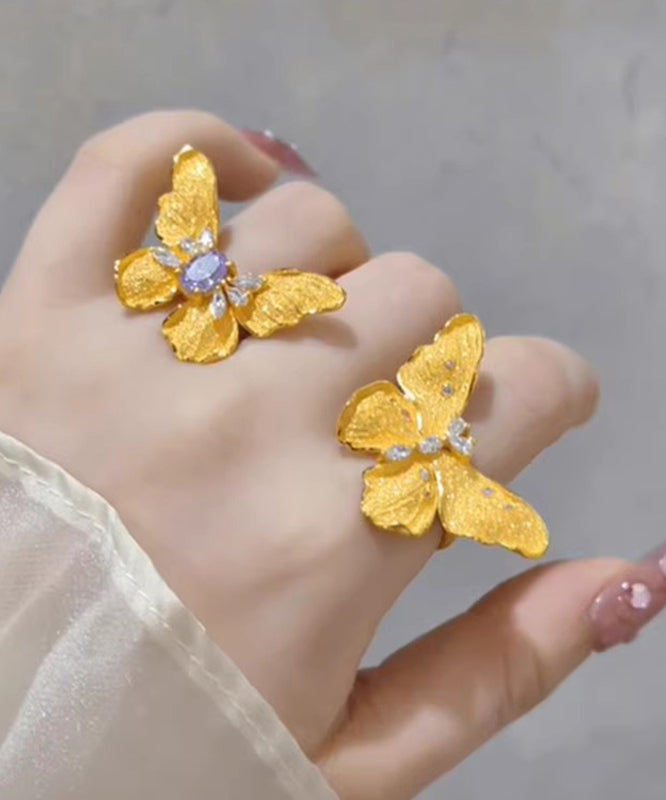 Original Design Gold Copper Alloy Zircon Butterfly Rings YA043