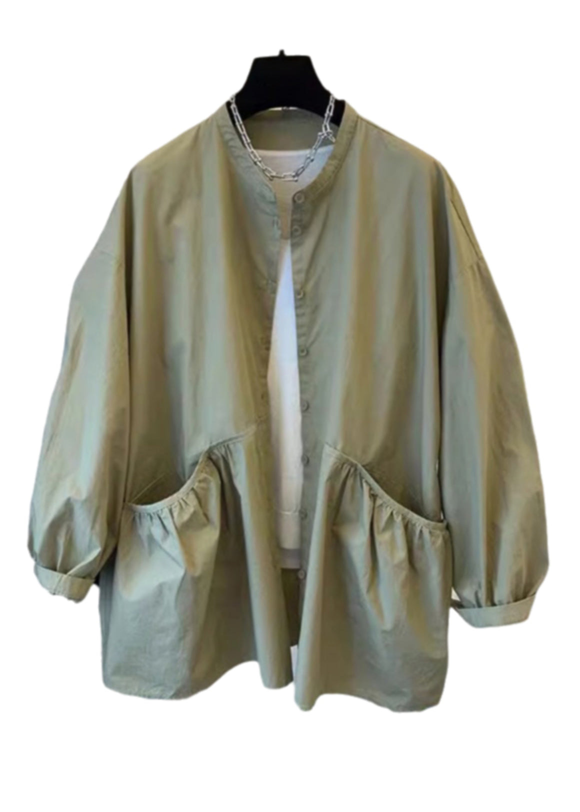 Original Design Green Pockets Button Cotton Coat Spring TI035