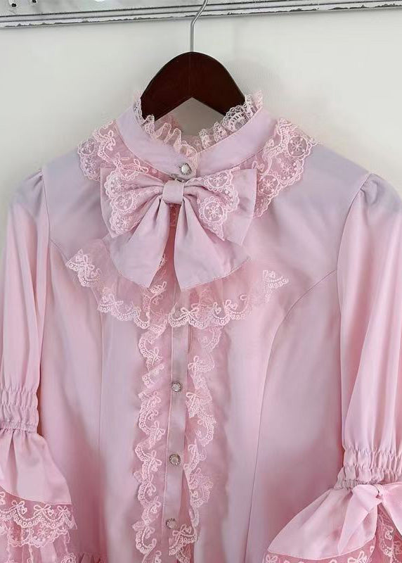 Pink Shirt Design Sleeve Lace Sweet Original Flare Patchwork