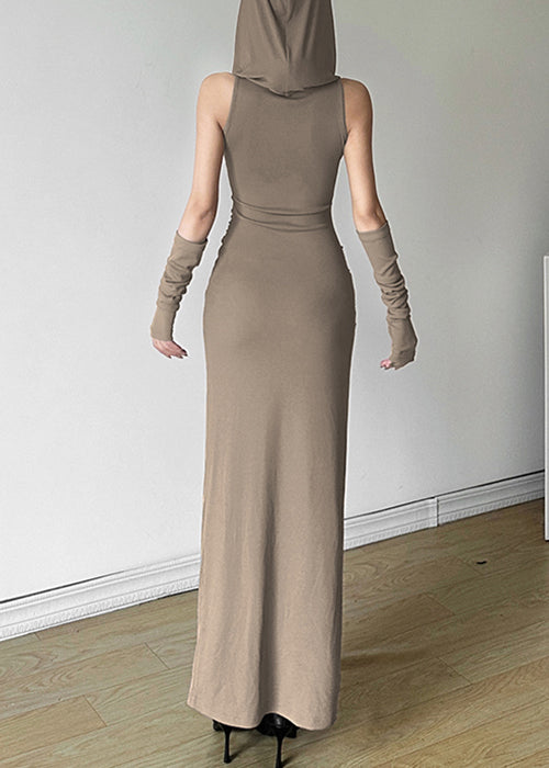 Open Summer Khaki Cotton Hooded Side Wrinkled Original Dress