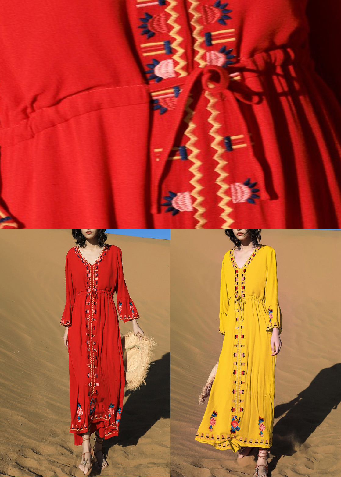 Dresses Long Waist Embroidered Red Tie Cotton Fall Original