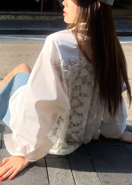 Collar Button Patchwork Peter Original Lace White Shirt Pan