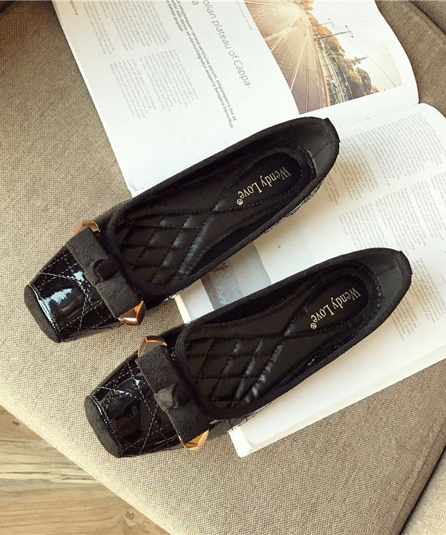 Toe Leather Splicing Flats Pink Women Square Faux Bow