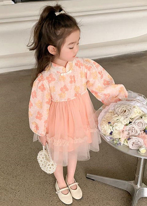 Pink Tulle Patchwork Girls Dress Ruffled Long Sleeve XZ094